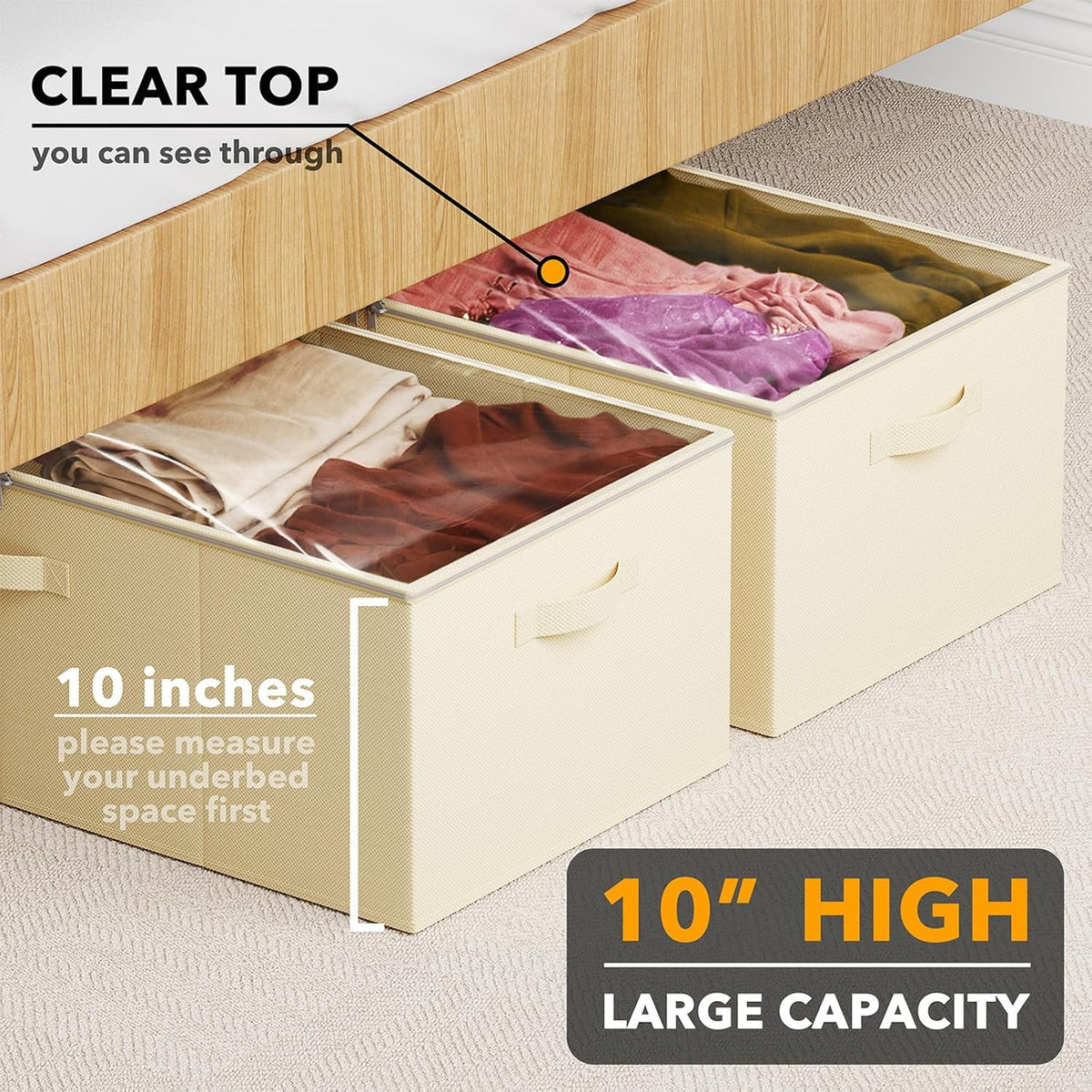 2 Pack 10 High Under Bed Storage Containers with Lids (Beige) J240