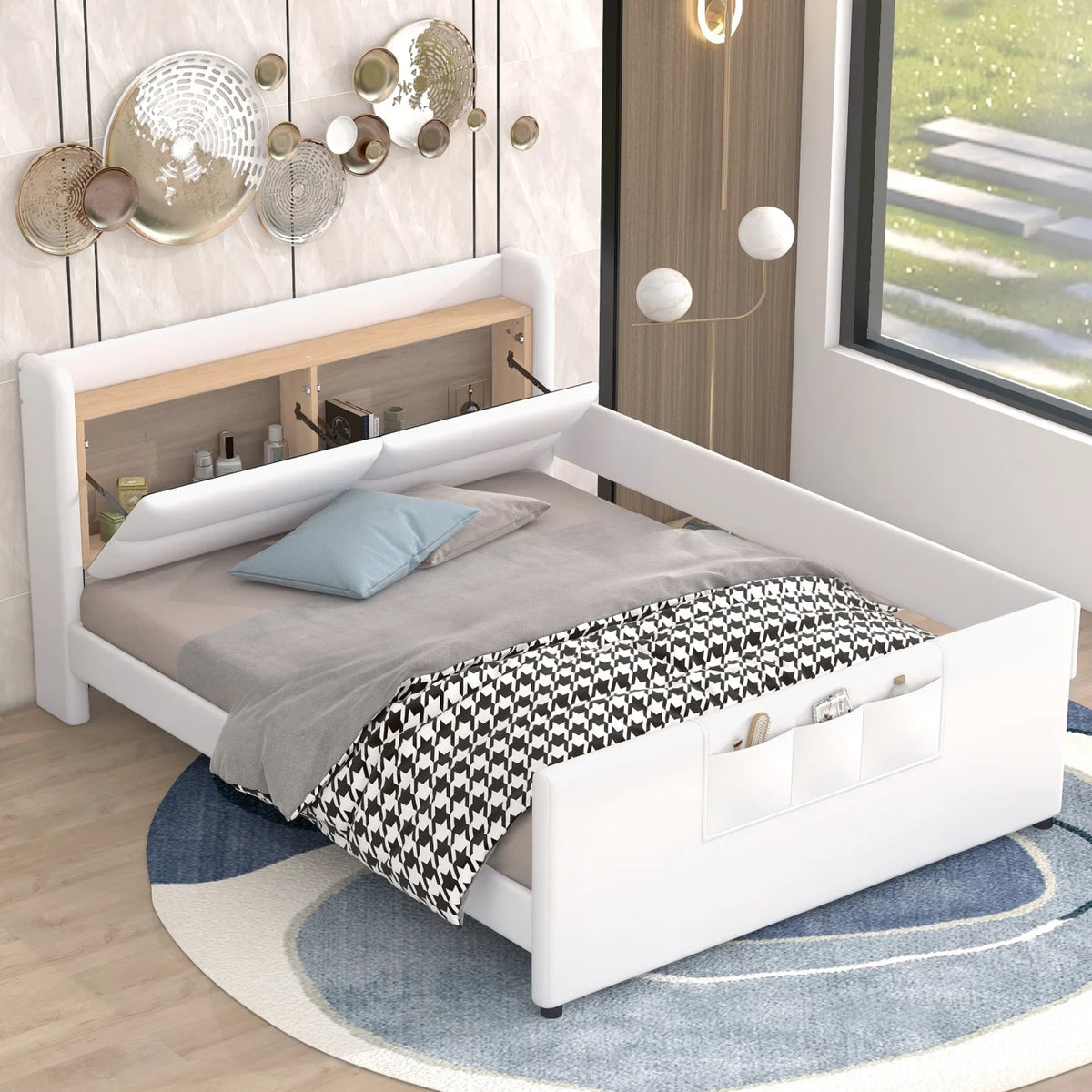 Twin Size Upholstered Platform Bed with Guardrail and Storage Headboard T1300