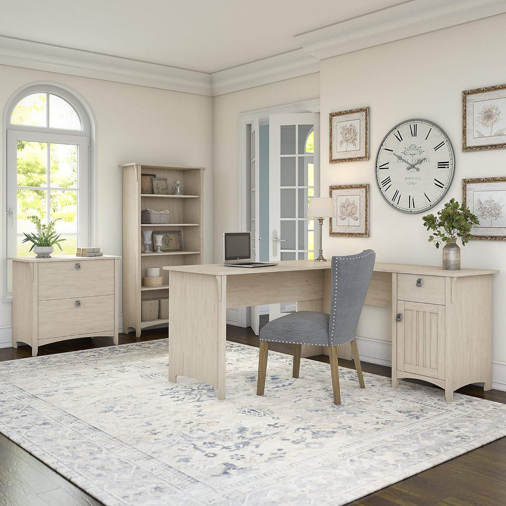 L Shaped Desk with File Cabinet and 5 Shelf Bookcase, Antique White O1874