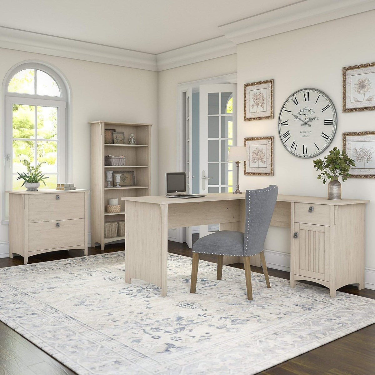 L Shaped Desk with File Cabinet and 5 Shelf Bookcase, Antique White O1874