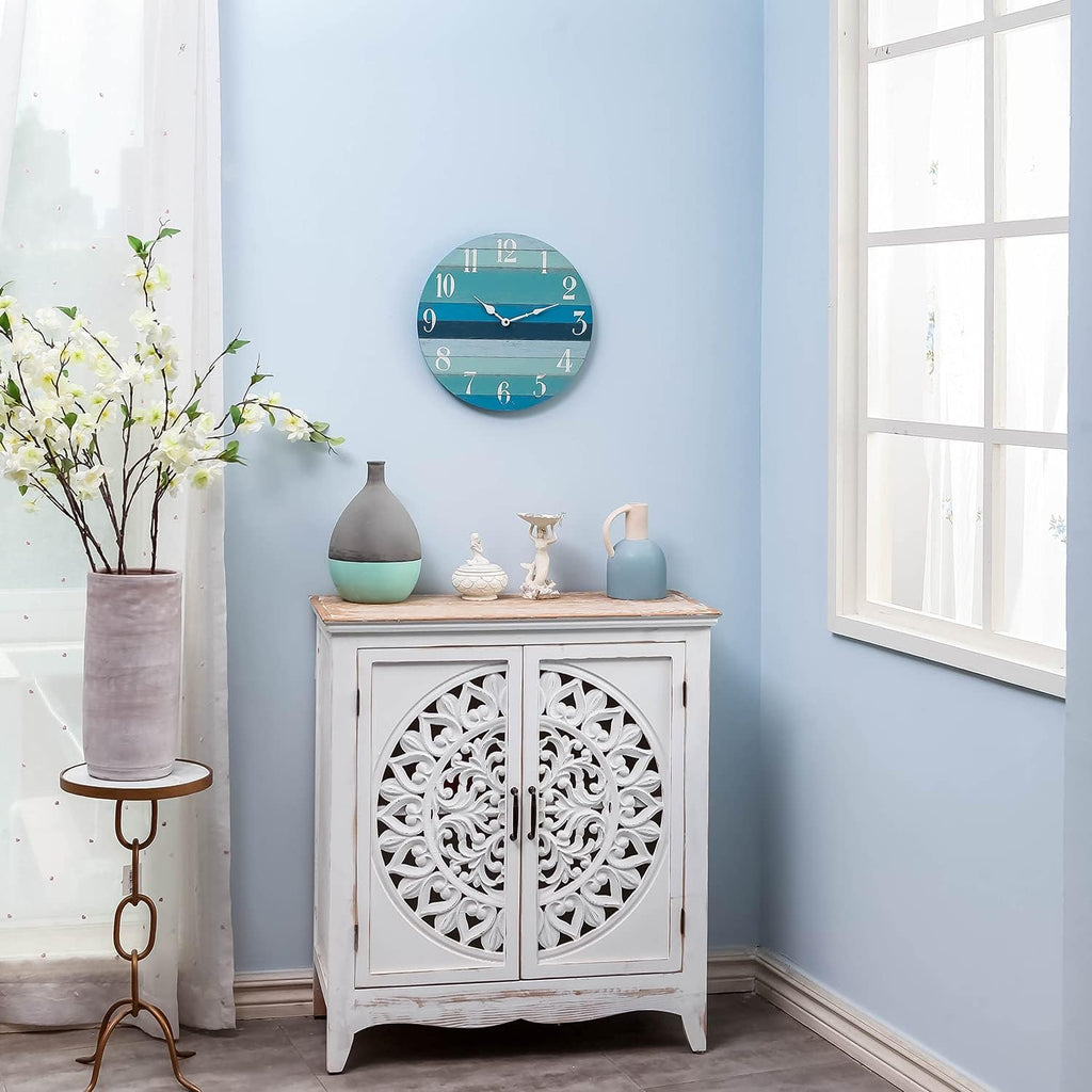 Rustic Coastal Blue Wood Round Wall Clock F99179