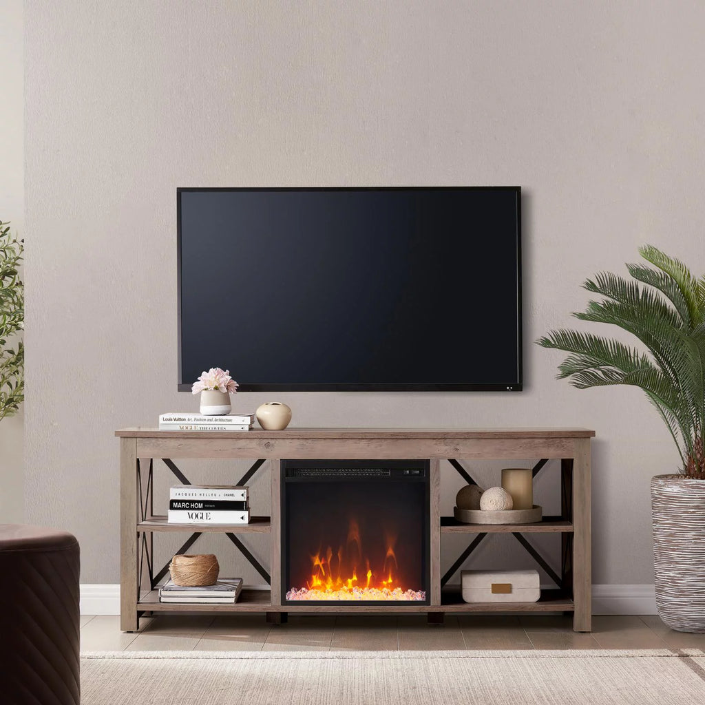 White Oak Electric Fireplace TV Stand with 2 Doors M6004