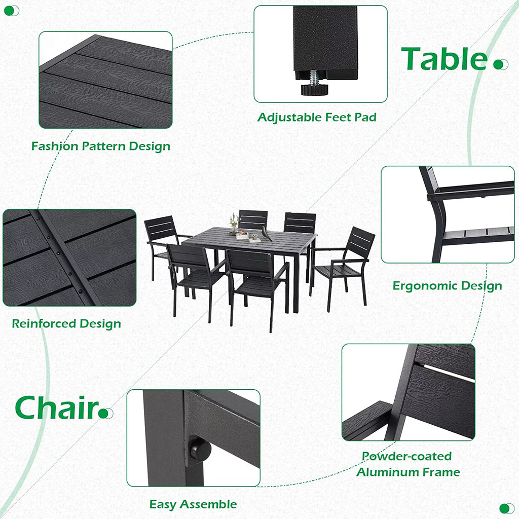 7 Piece Aluminum Outdoor Dining Set with Rectangular Table and 6 Chairs Black Z240184