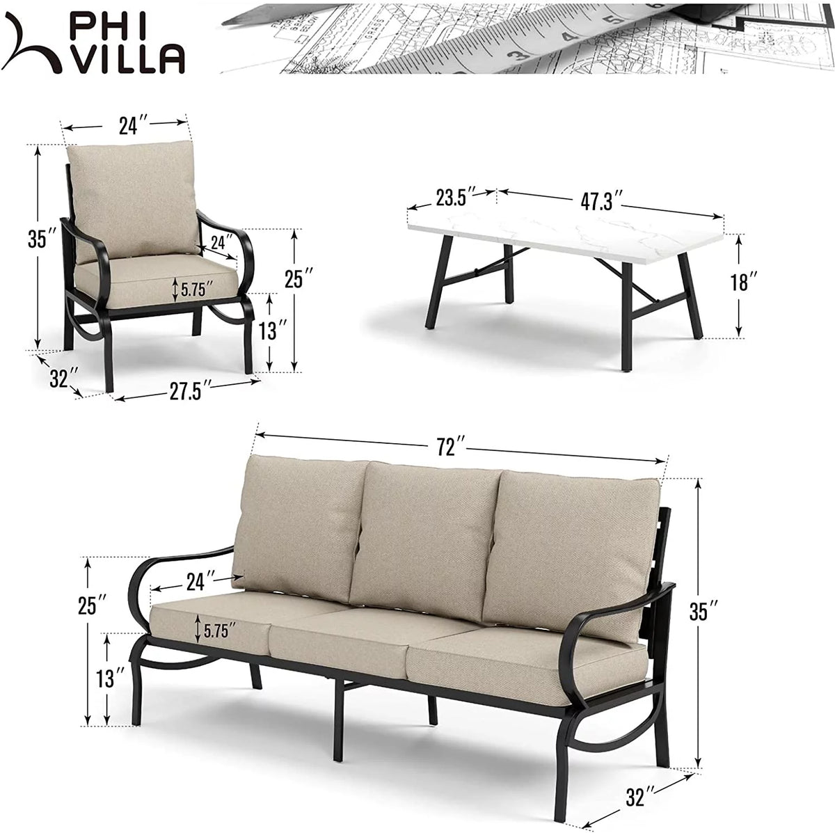 4 Piece Metal Patio Conversation Set with Sofa Chairs I76716