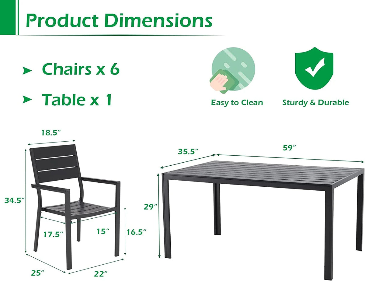 7 Piece Aluminum Outdoor Dining Set with Rectangular Table and 6 Chairs Black Z240184