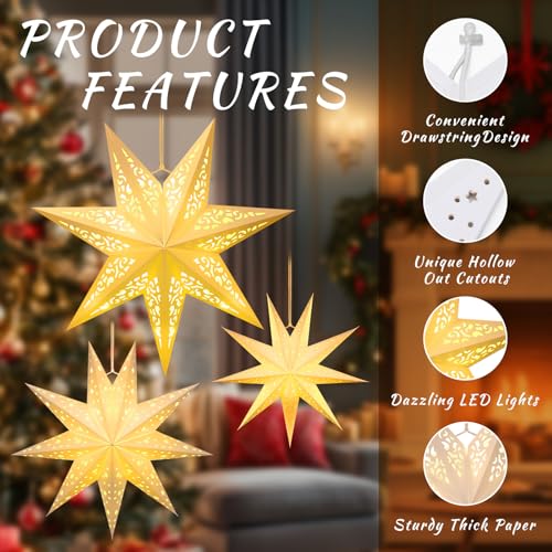 6 Pcs Christmas Paper Star Lanterns with LED Light, 3 Size Z978