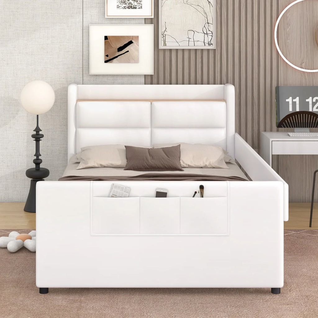 Twin Size Upholstered Platform Bed with Guardrail and Storage Headboard T1300