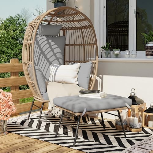 Oversized Grey Wicker Egg Chair with Ottoman C827