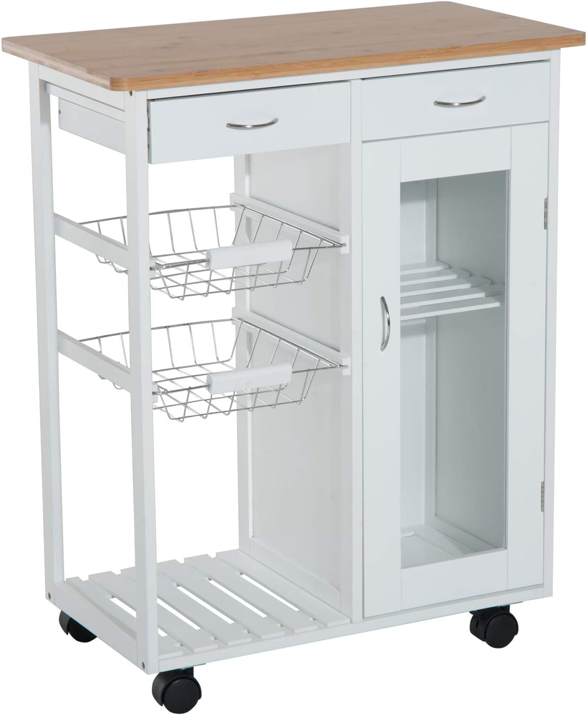 White Rolling Kitchen Trolley with Bamboo Top R6451