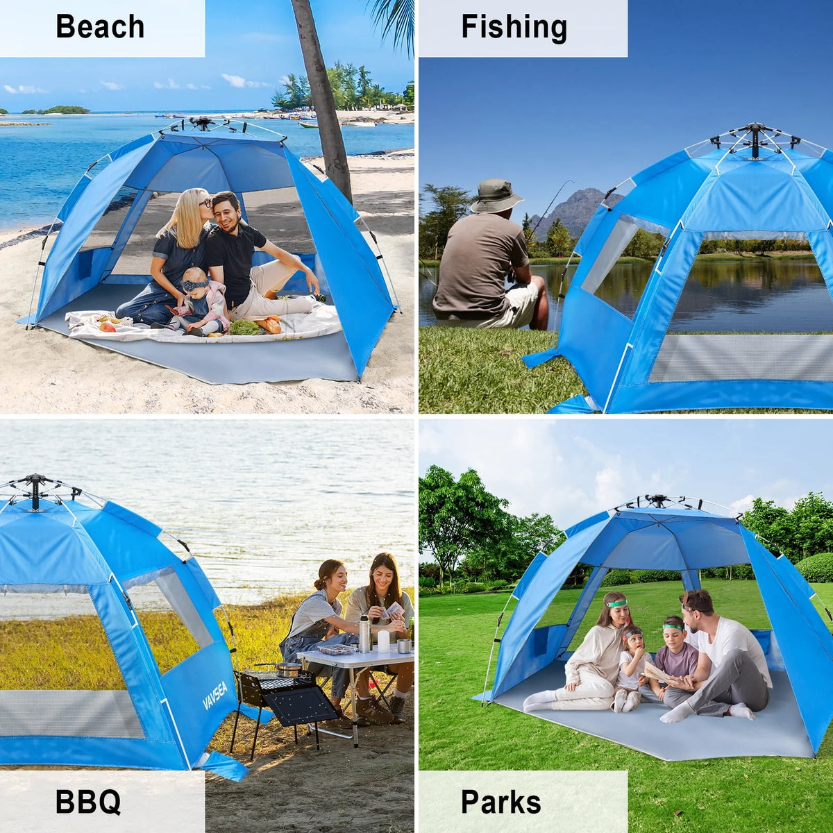 2-4 Person Pop-up Beach Tent UPF 50+ UV Protection Portable Waterproof Sunshade Blue A535