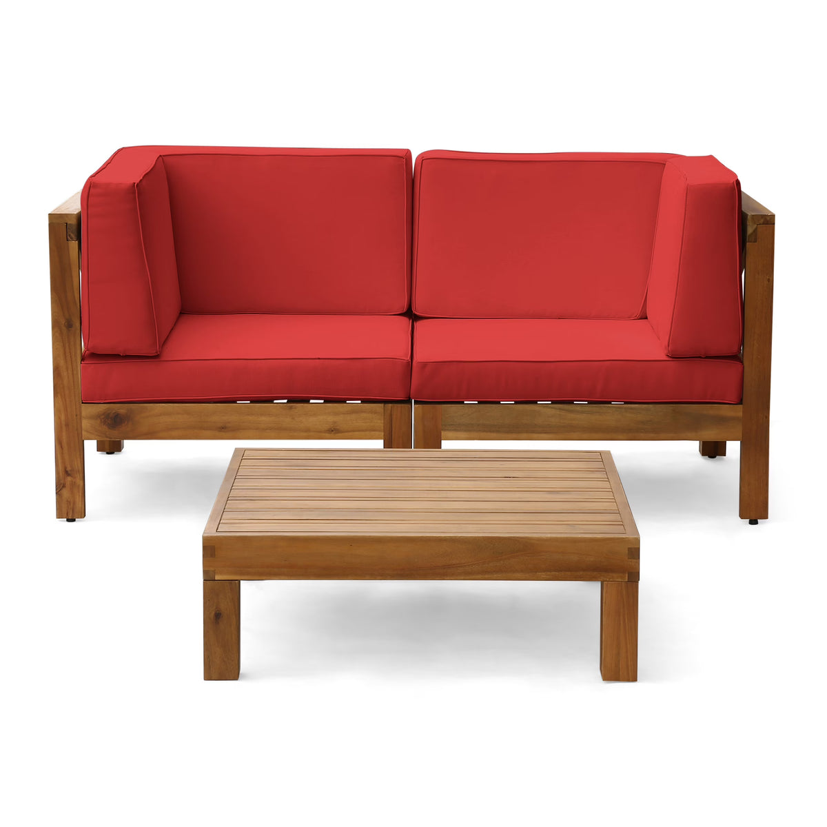 Brown Acacia Wood Sectional Loveseat with Coffee Table O5873