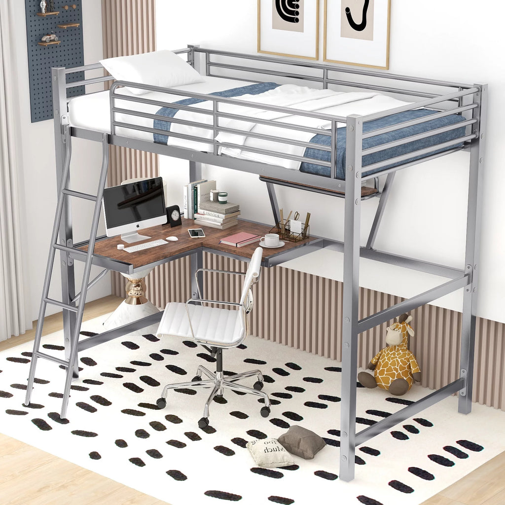 Twin Size Metal Loft Bed with Desk and Storage Shelf X305