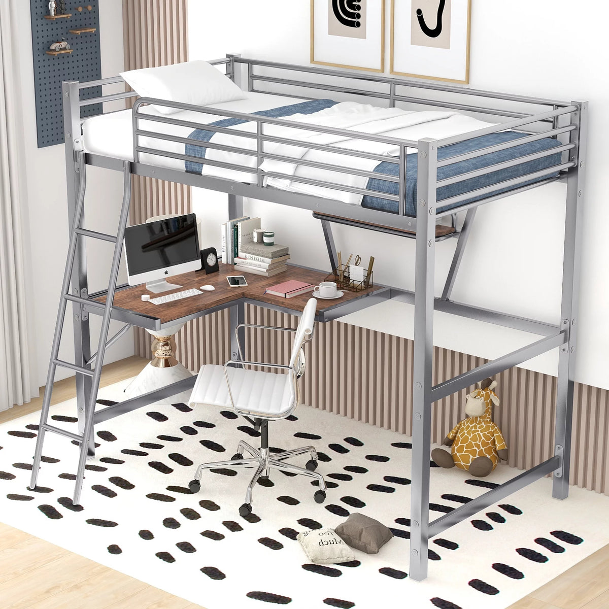 Twin Size Metal Loft Bed with Desk and Storage Shelf X305
