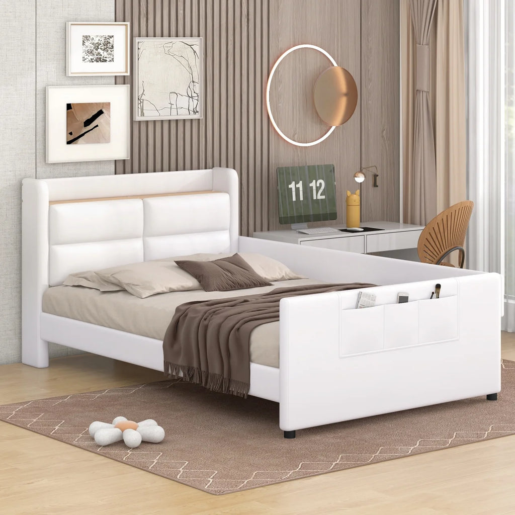 Twin Size Upholstered Platform Bed with Guardrail and Storage Headboard T1300