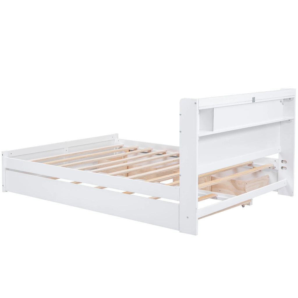 Queen Size White Wood Storage Platform Bed with 2 Drawers and Trundle L789197