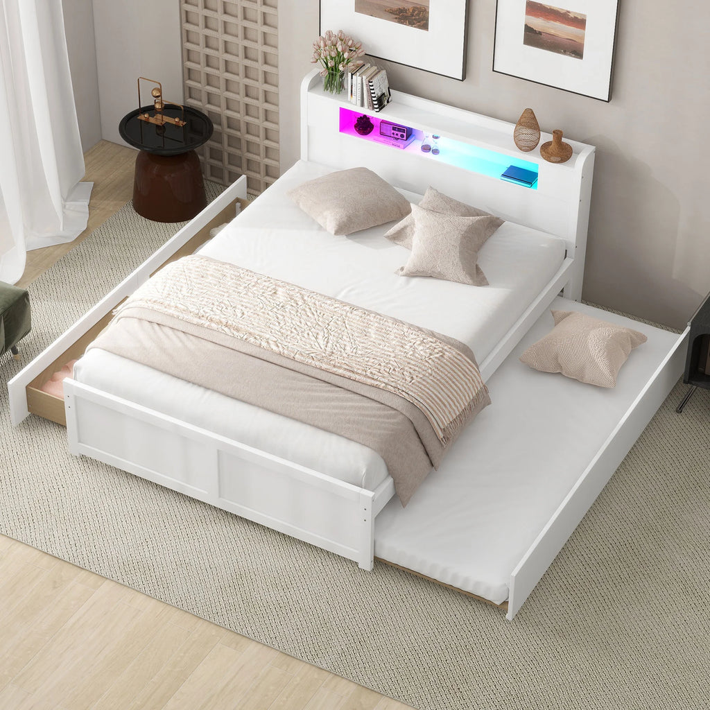 Queen Size White Wood Storage Platform Bed with 2 Drawers and Trundle L789197