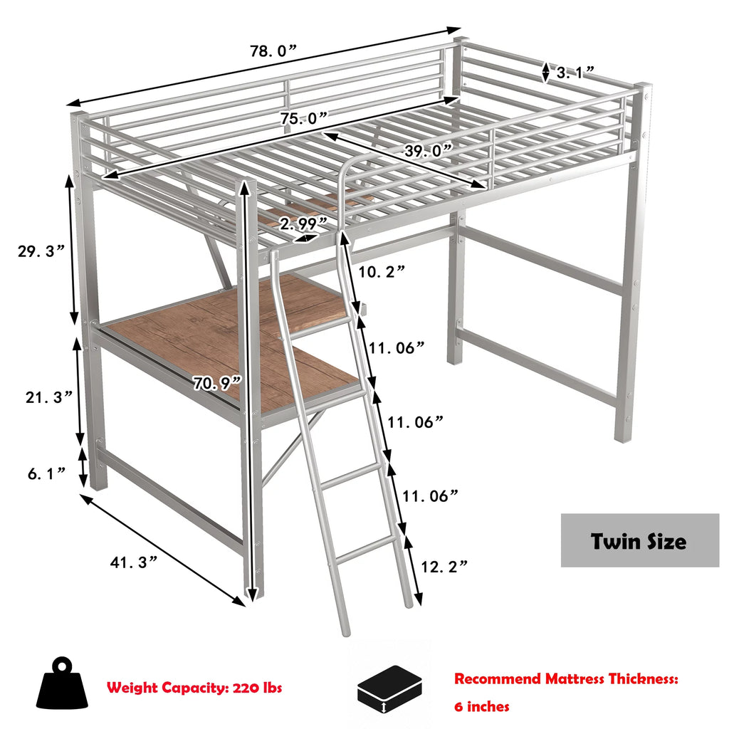 Twin Size Metal Loft Bed with Desk and Storage Shelf X305