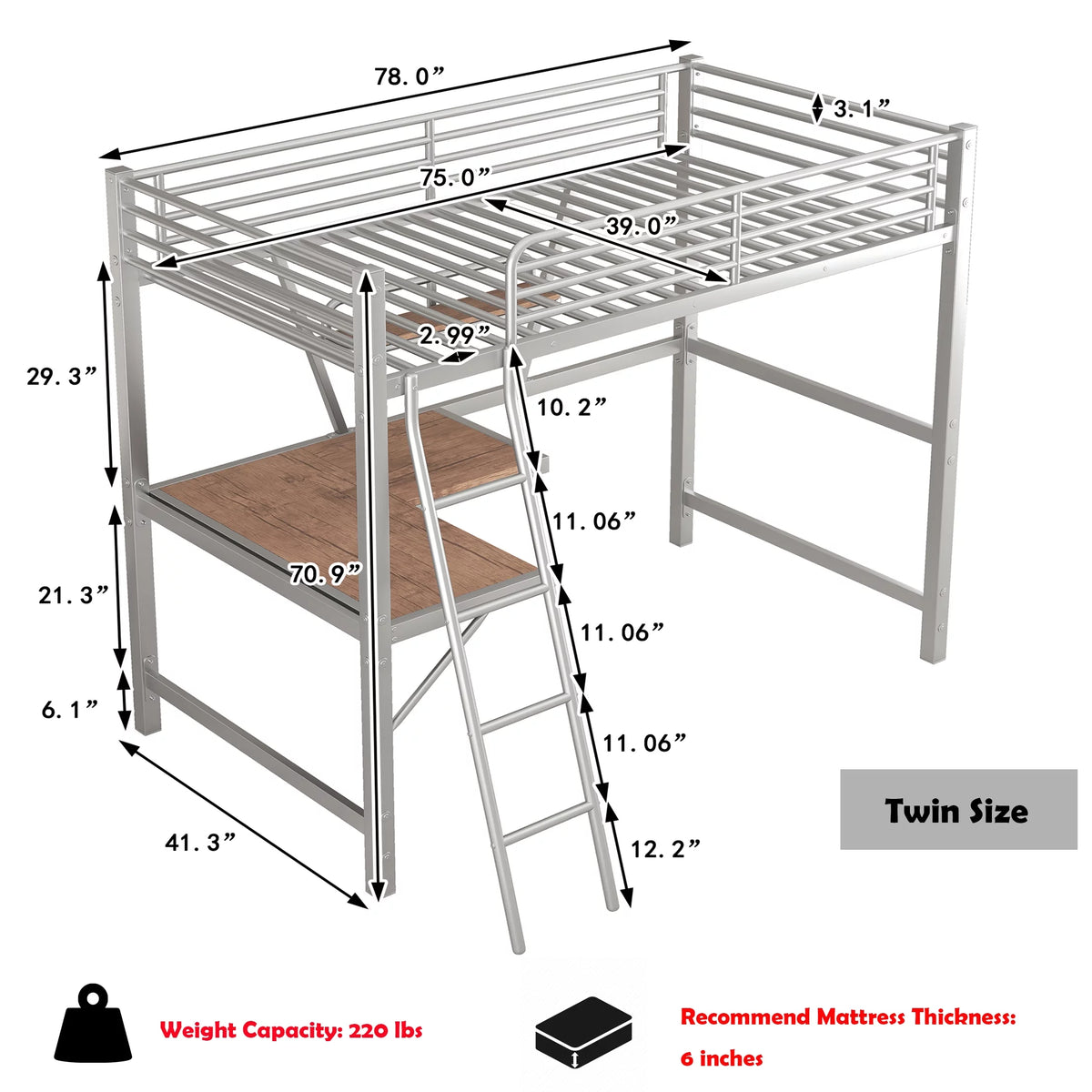 Twin Size Metal Loft Bed with Desk and Storage Shelf X305
