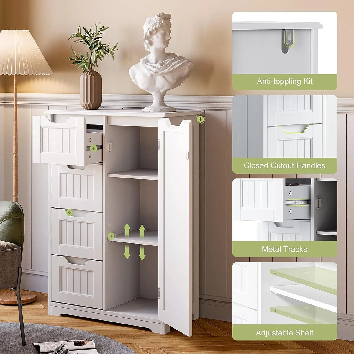 White 33" Wooden Storage Cabinet with 4 Drawers R33260