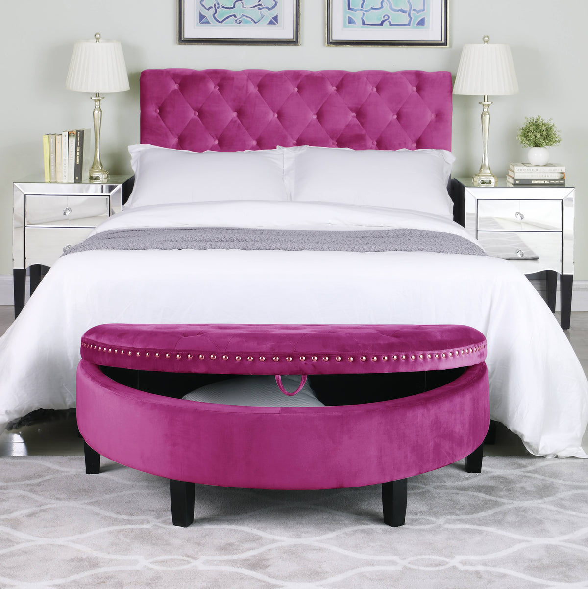 Plum Velvet Half Moon Storage Ottoman A9065