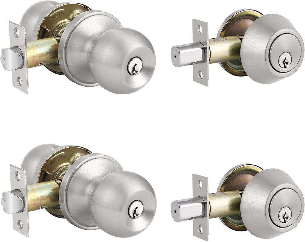 Entry Door Knobs with Single Cylinder Deadbolt, Satin Nickel Finish, Pack of 2 S968