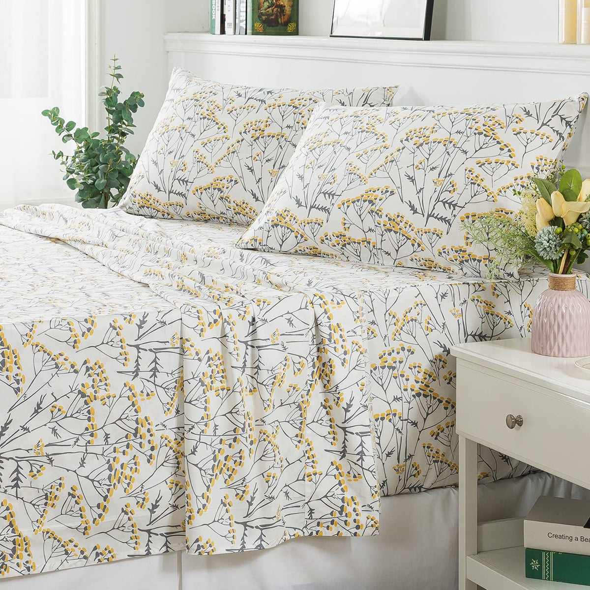 White Printed Cotton Bed Sheets, 4 Pcs, Full C42503