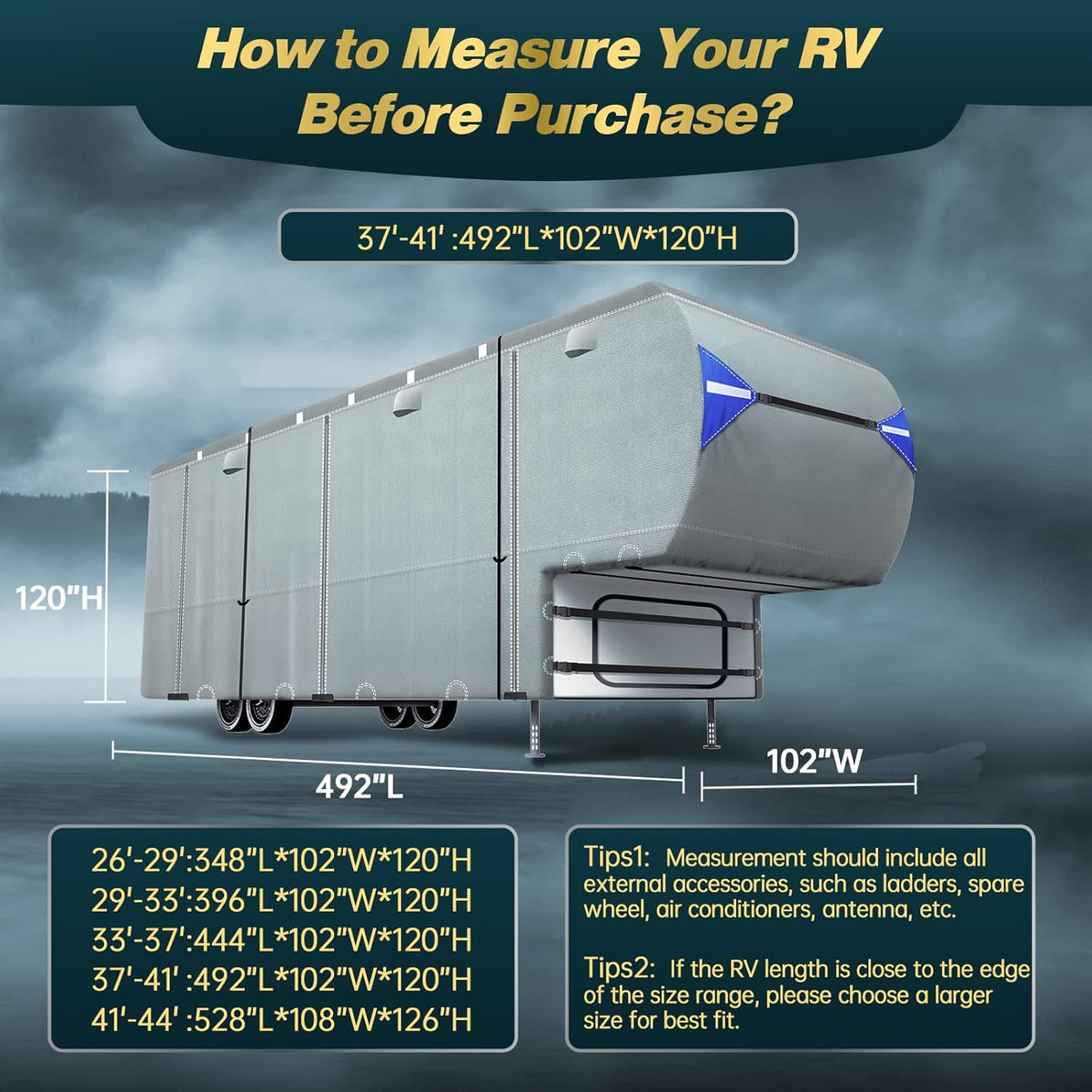 5th Wheel Travel Trailer Cover with 4 Tire Covers & Storage Bag J4075
