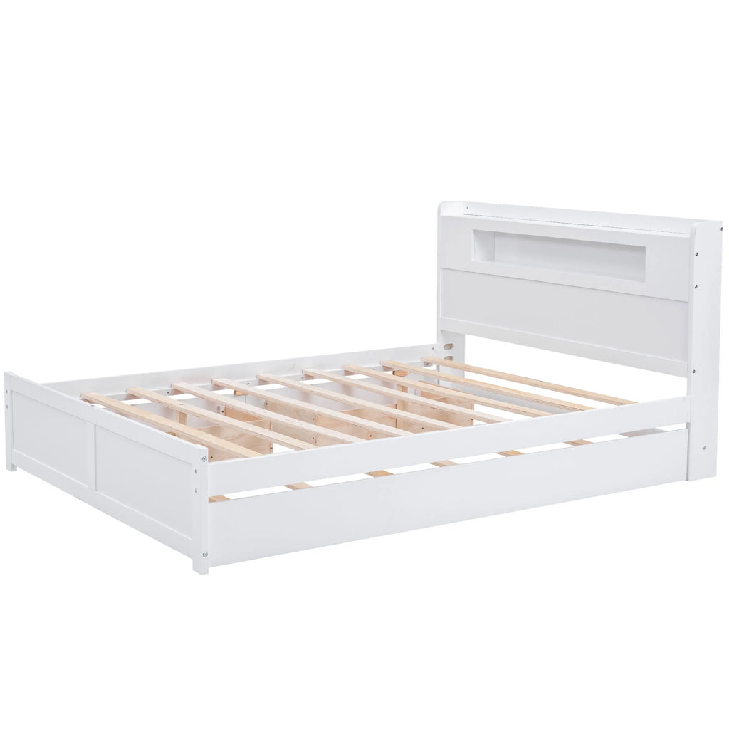 Queen Size White Wood Storage Platform Bed with 2 Drawers and Trundle L789197