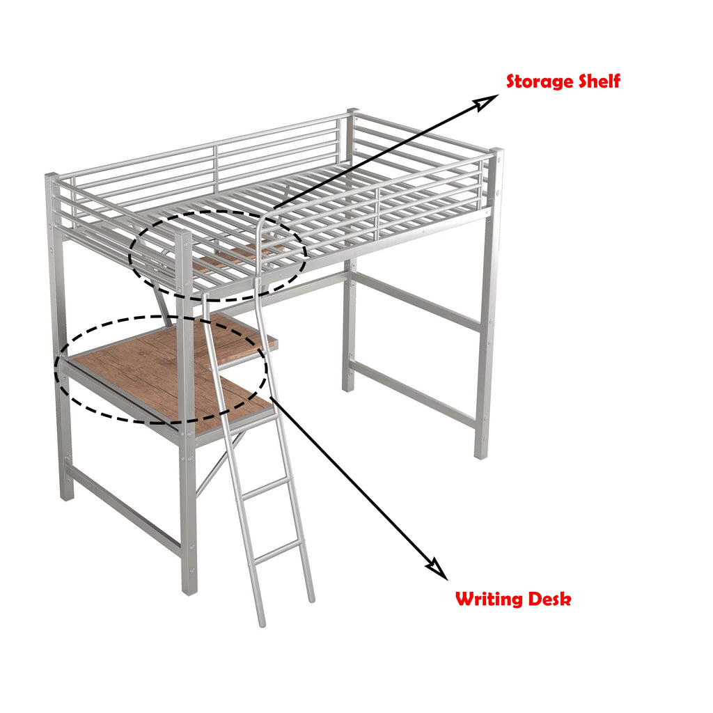 Twin Size Metal Loft Bed with Desk and Storage Shelf X305