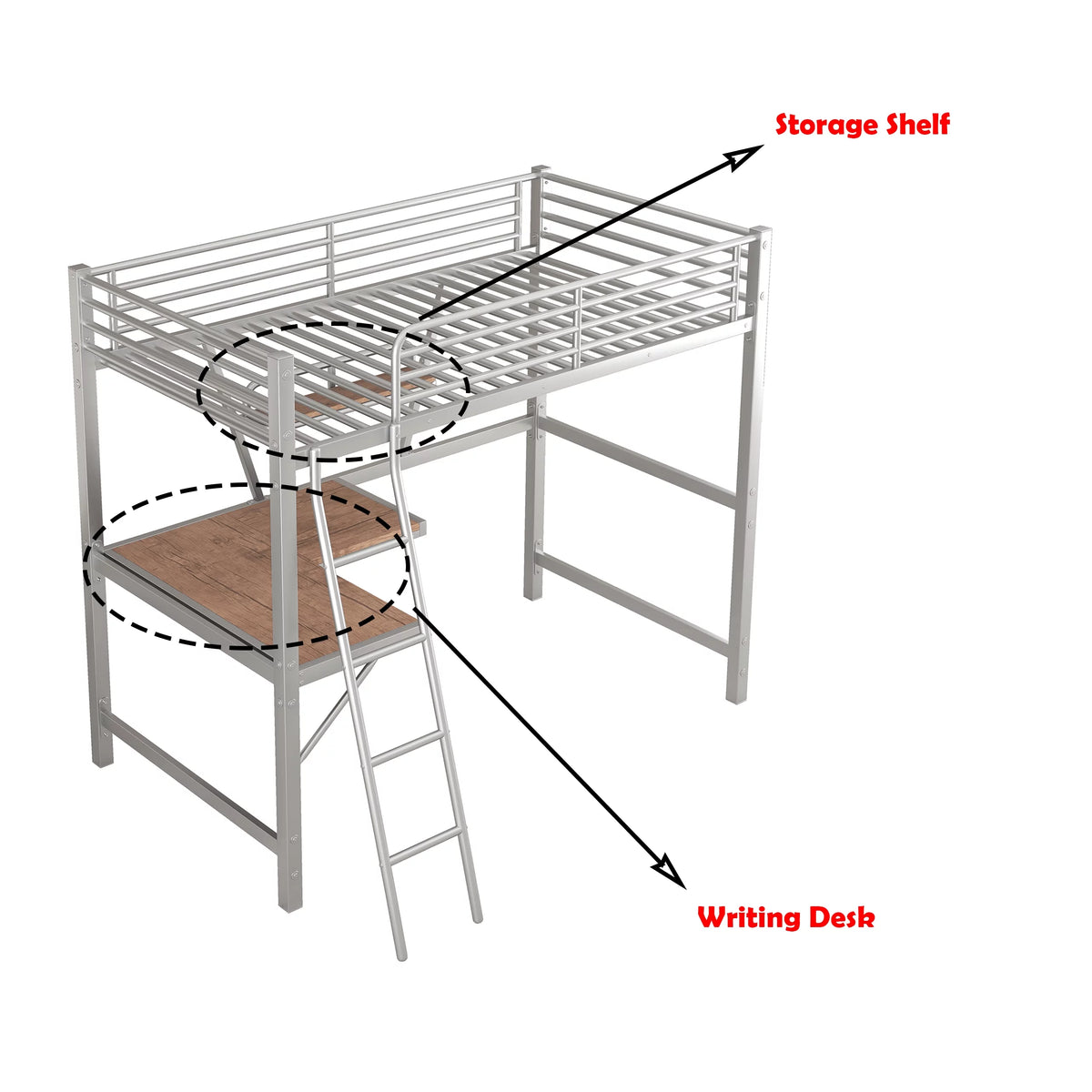 Twin Size Metal Loft Bed with Desk and Storage Shelf X305