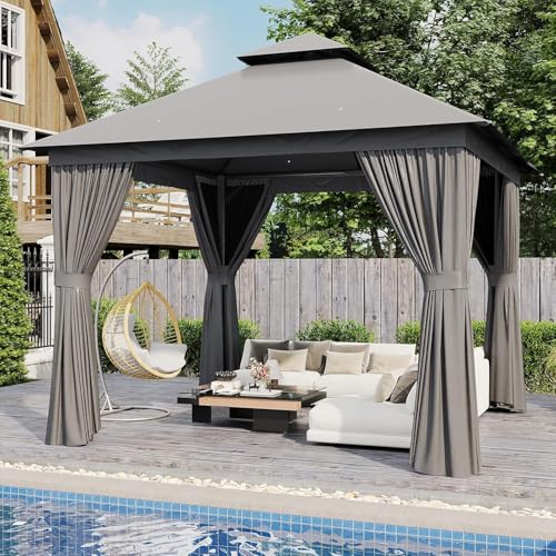 10x12 Metal Gazebo with Mosquito Netting and Privacy Screen O5380