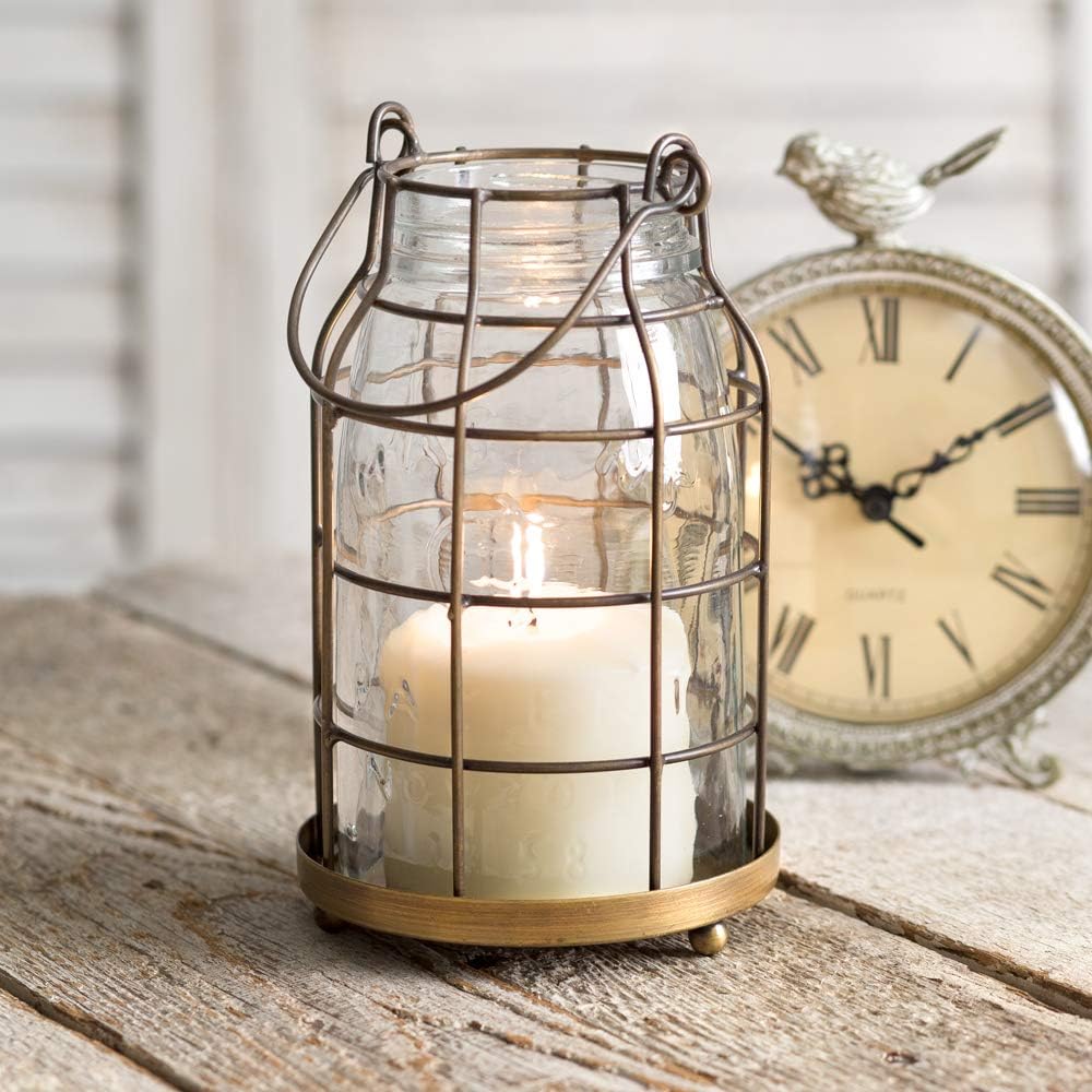 Antique Brass Metal Lantern Candle Holder with Clear Glass Z8236