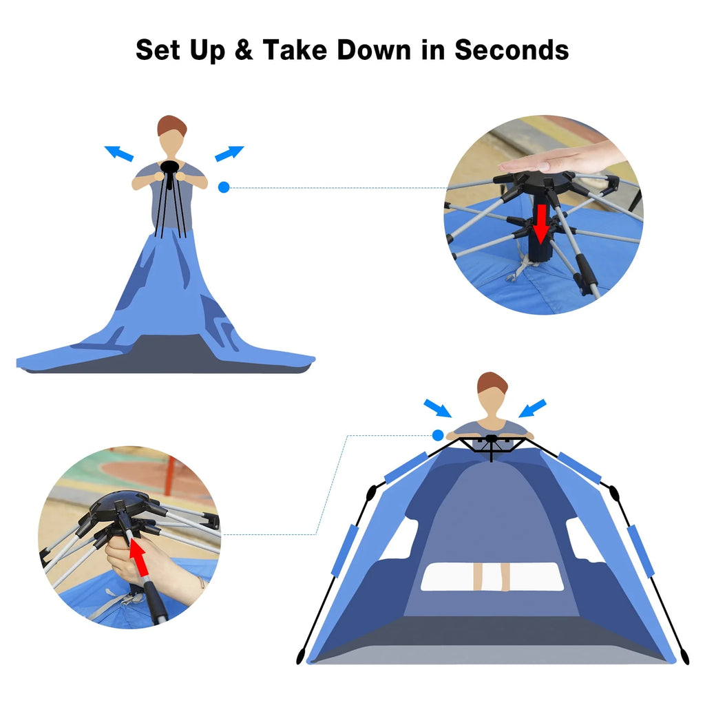 2-4 Person Pop-up Beach Tent UPF 50+ UV Protection Portable Waterproof Sunshade Blue A535