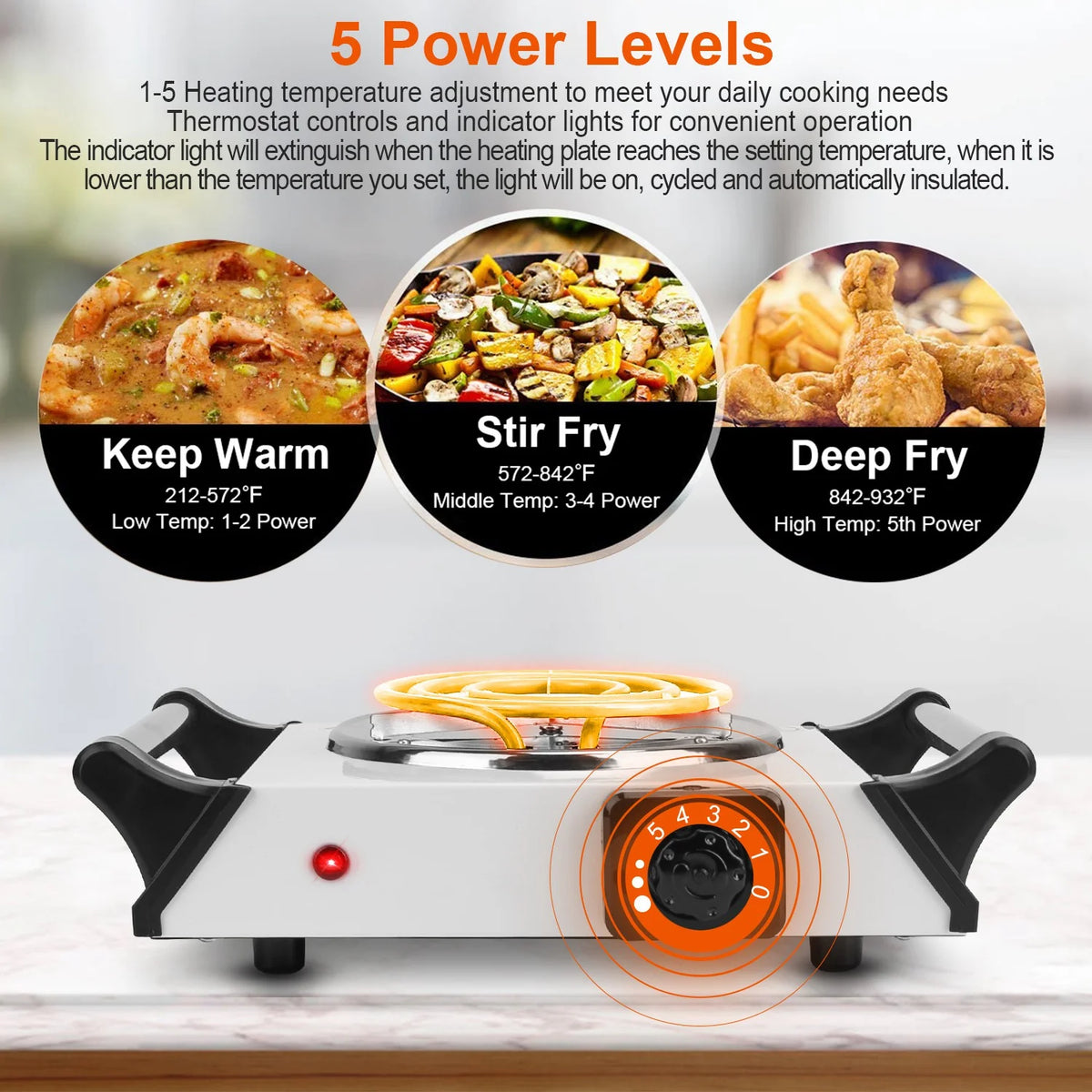 1000W Electric Single Burner Portable Hot Plate with 5 Temperature Adjustments V8926