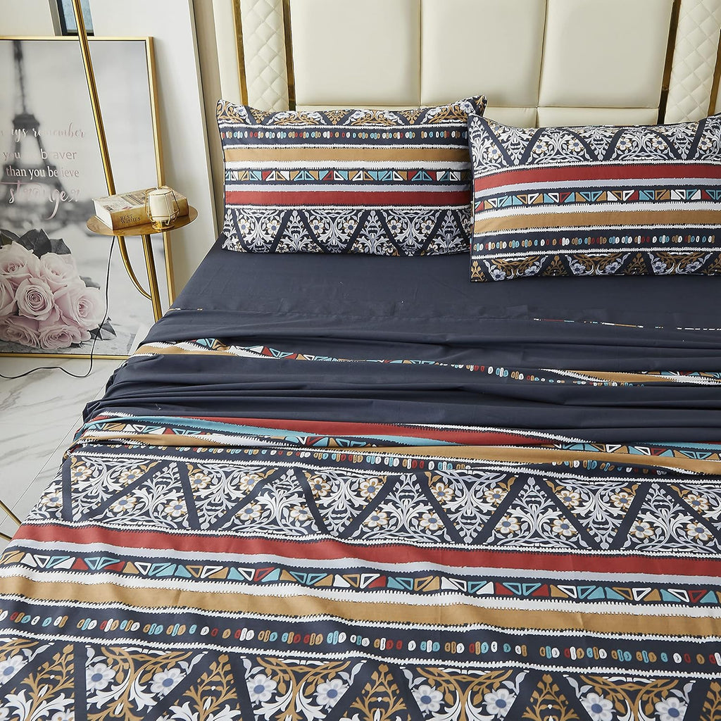 White Printed Cotton Bed Sheets, 4 Pcs, Full C42503