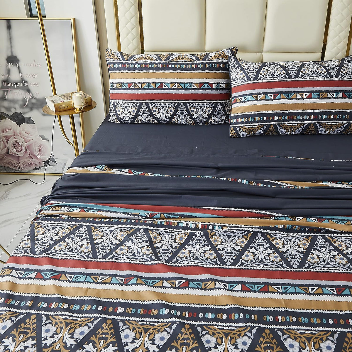 White Printed Cotton Bed Sheets, 4 Pcs, Full C42503