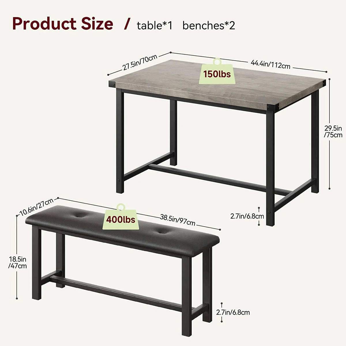 Rustic Grey 3 Piece Dining Table Set with 2 Benches F92915