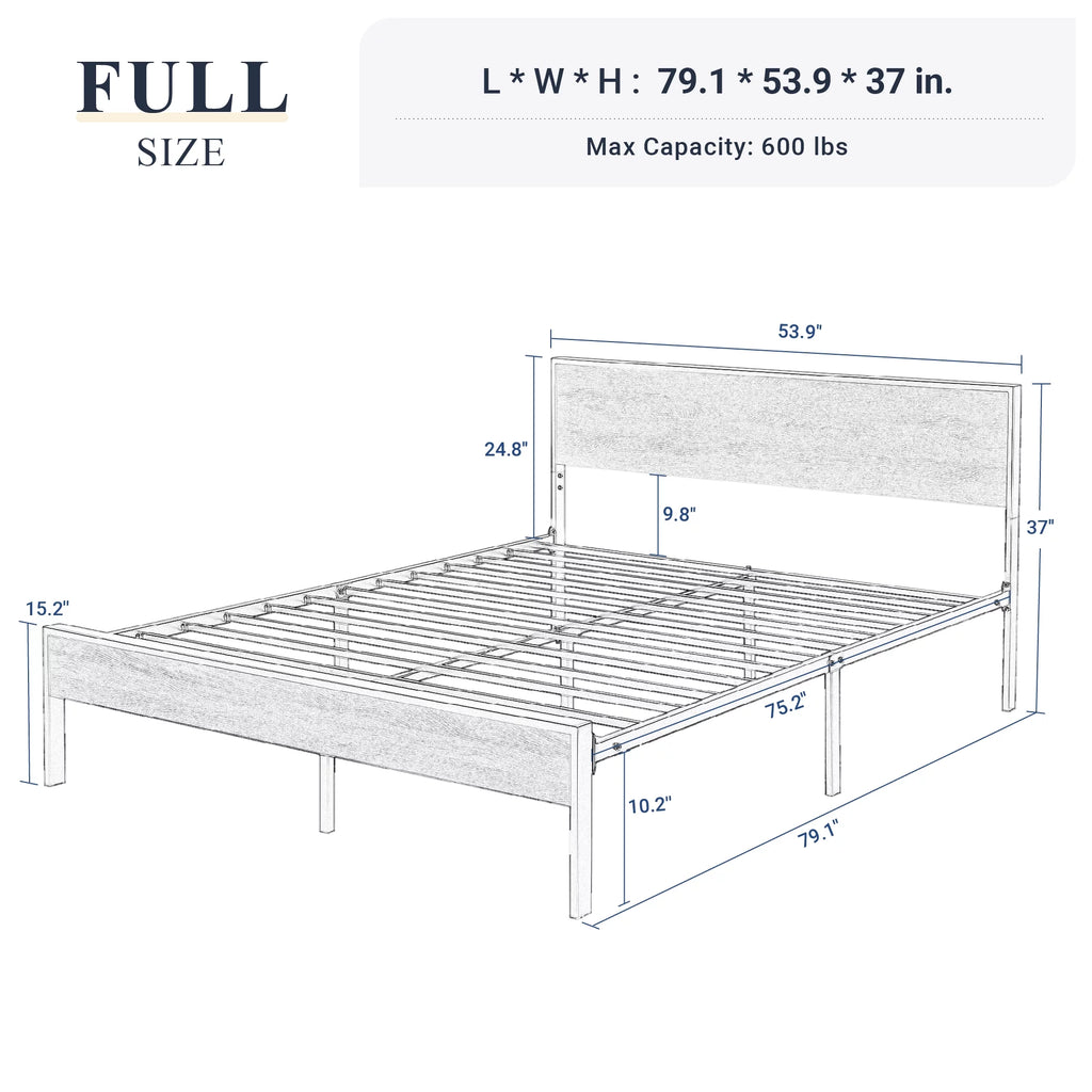 Full Size Heavy Duty Bed Frame with Black Oak Headboard J213894