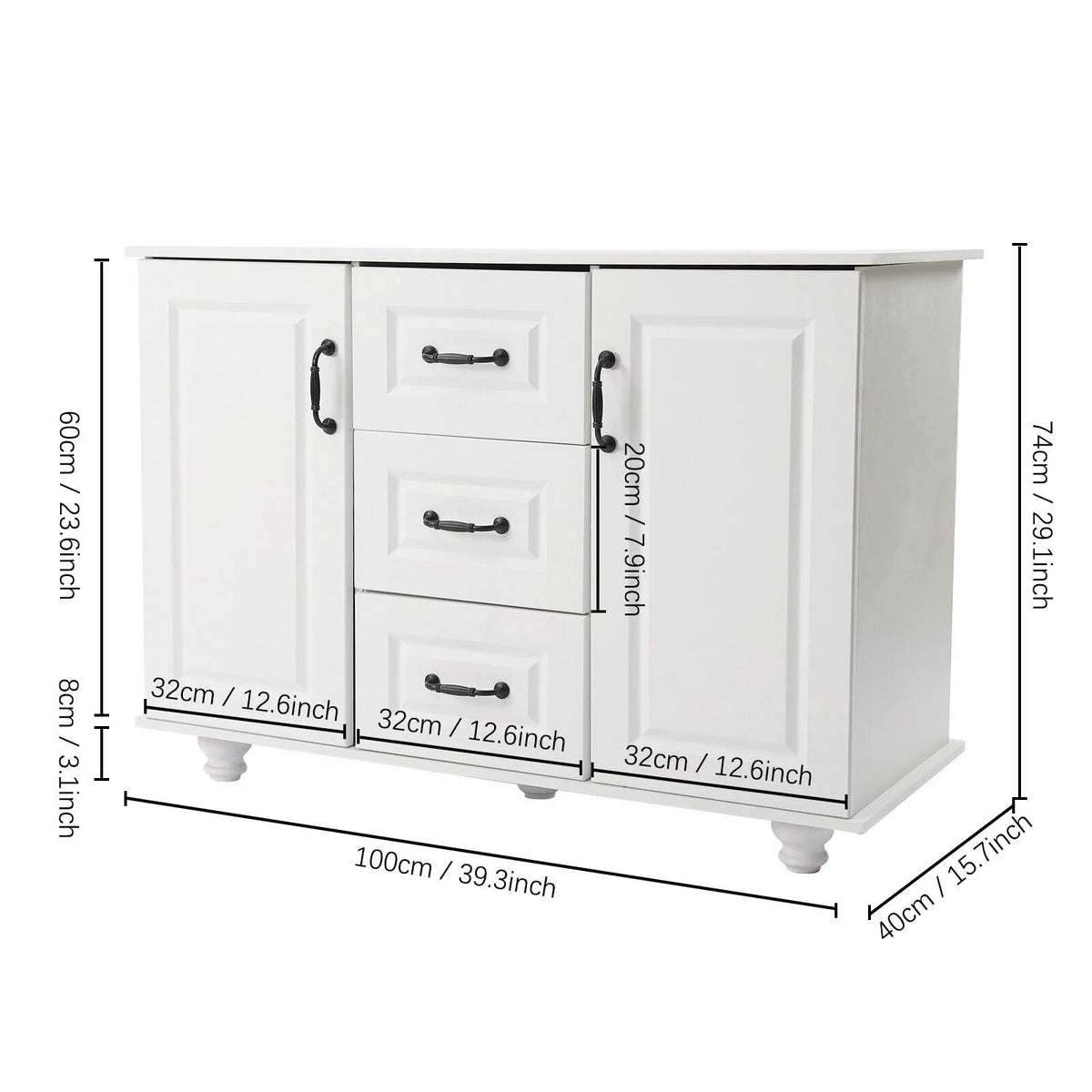 White Wooden 3 Drawer 2 Door Storage Cabinet M4595