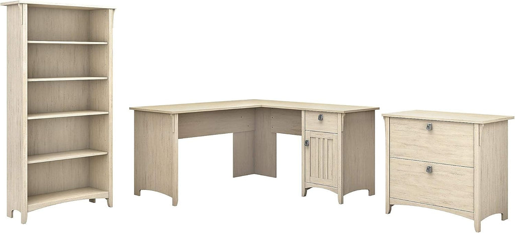 L Shaped Desk with File Cabinet and 5 Shelf Bookcase, Antique White O1874
