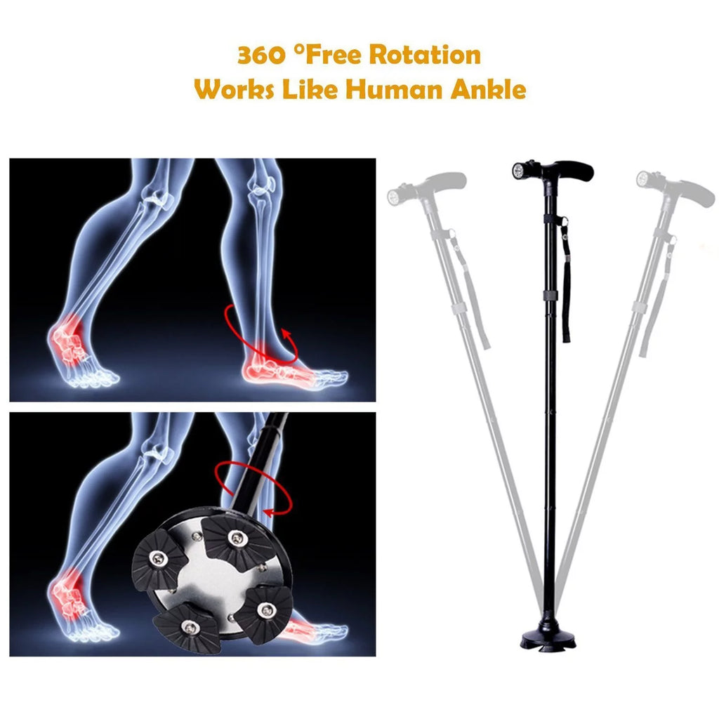 Folding Adjustable Cane with LED Light and Cushion T Handle C84639