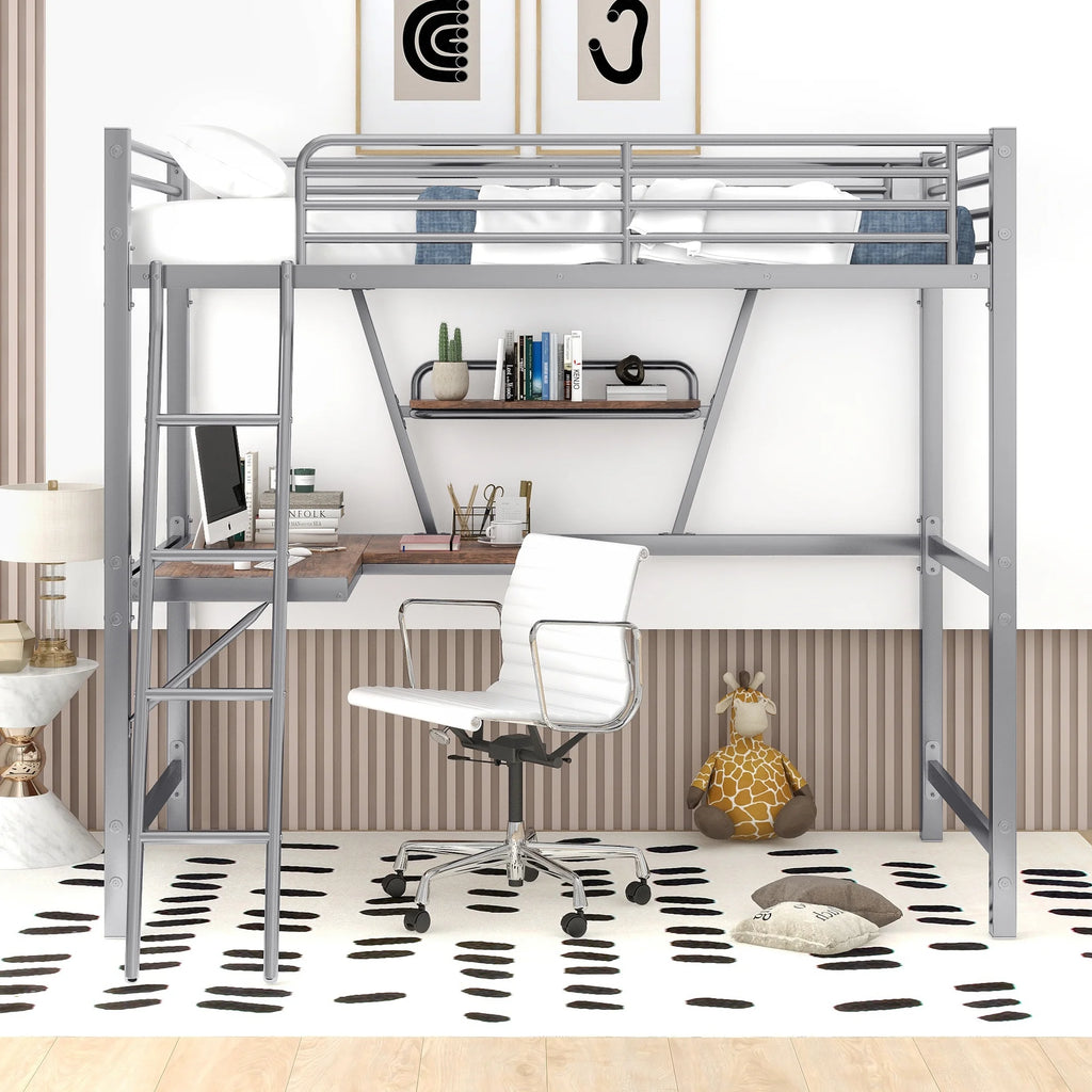 Twin Size Metal Loft Bed with Desk and Storage Shelf X305