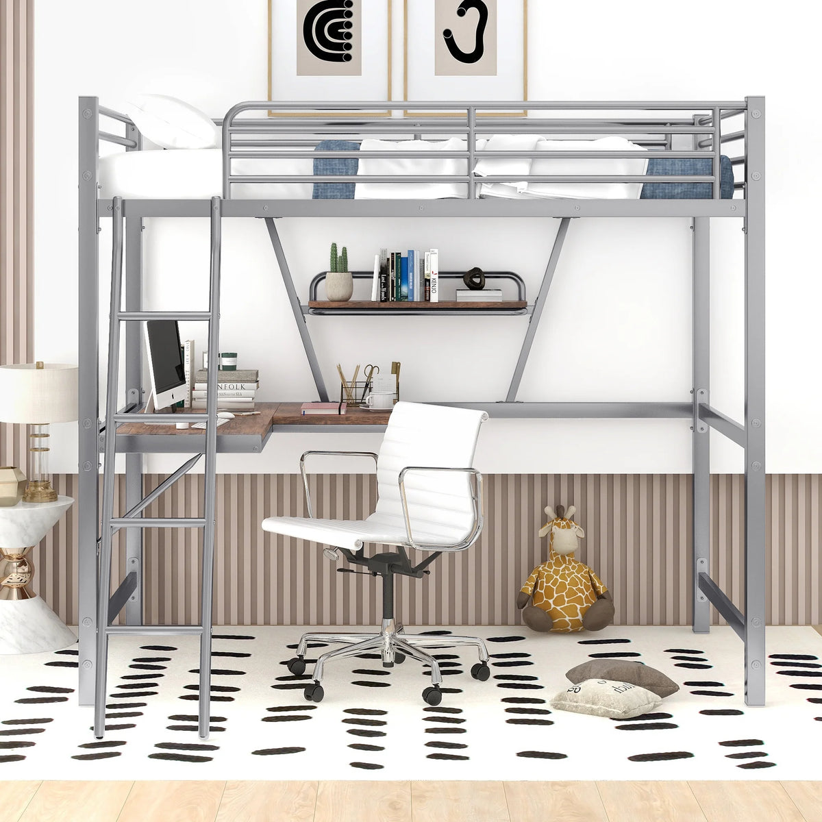 Twin Size Metal Loft Bed with Desk and Storage Shelf X305