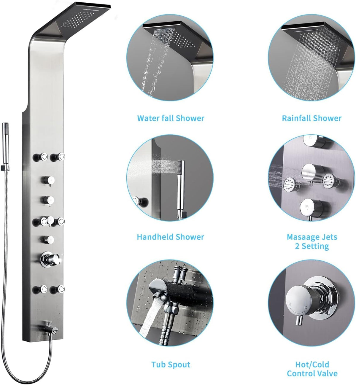 Real #304 Stainless Steel Wall Mount Shower Panel System S11160