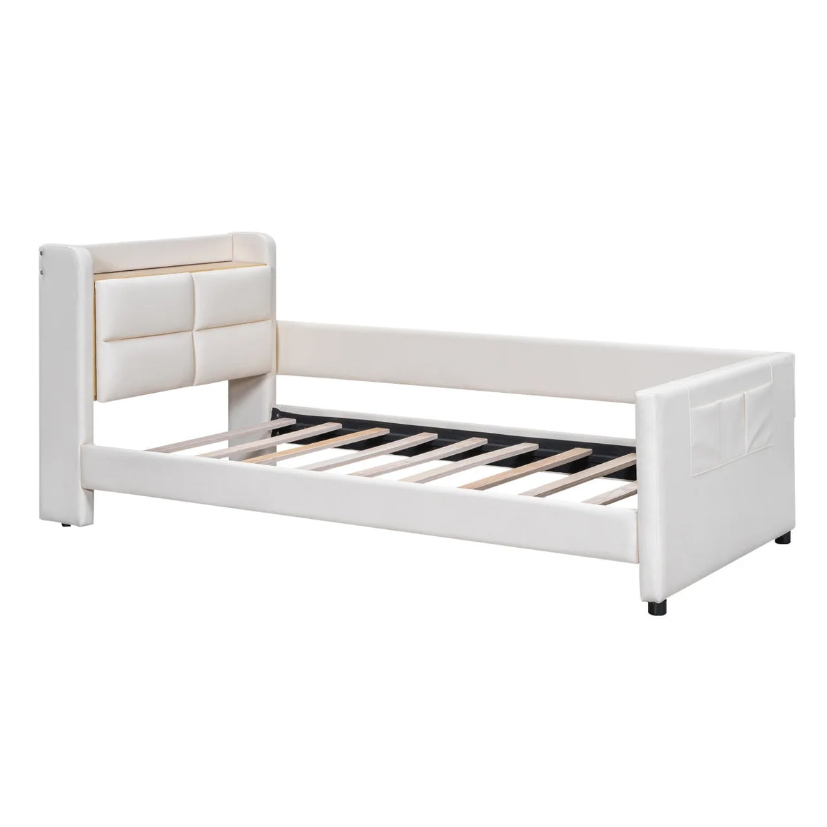 Twin Size Upholstered Platform Bed with Guardrail and Storage Headboard T1300