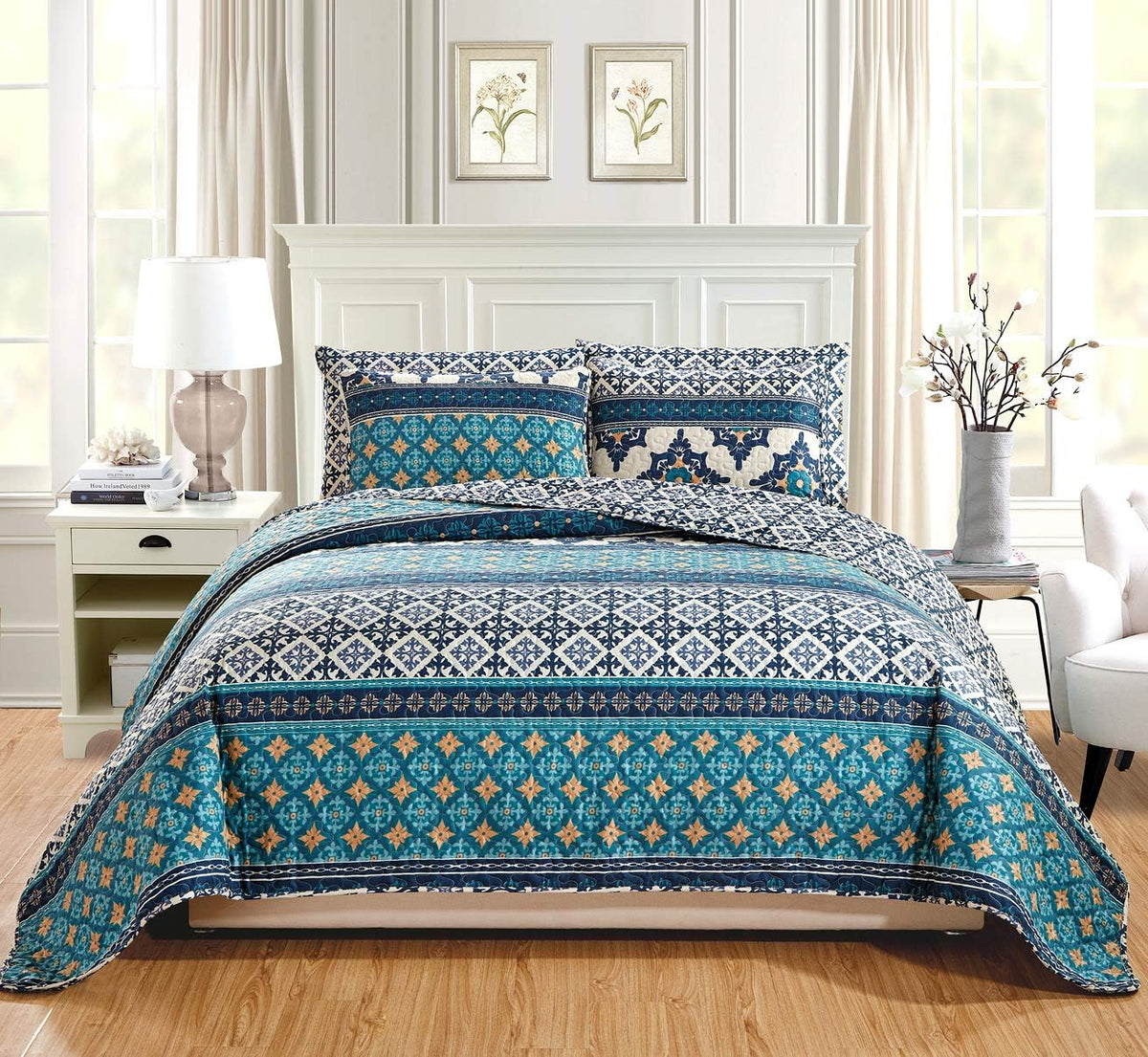 3-Piece Oversize Quilt Set Reversible Bedspread Coverlet Cal King Size O90140