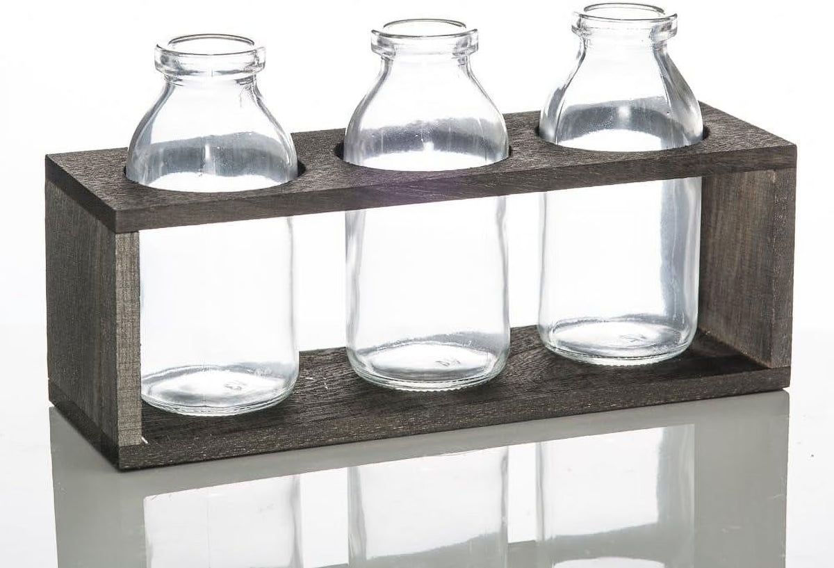 Milk Bottle Vases With Wooden Stand Set Of 6 E16777