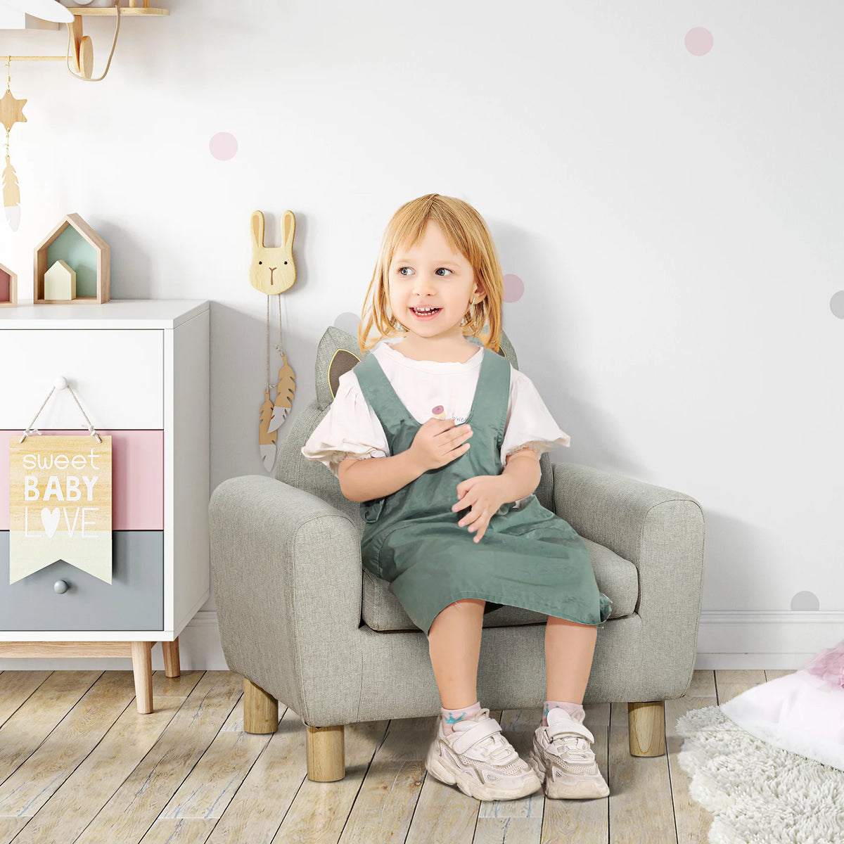 Grey Kids Sofa with Cat Ear Backrest and Wooden Legs T4514