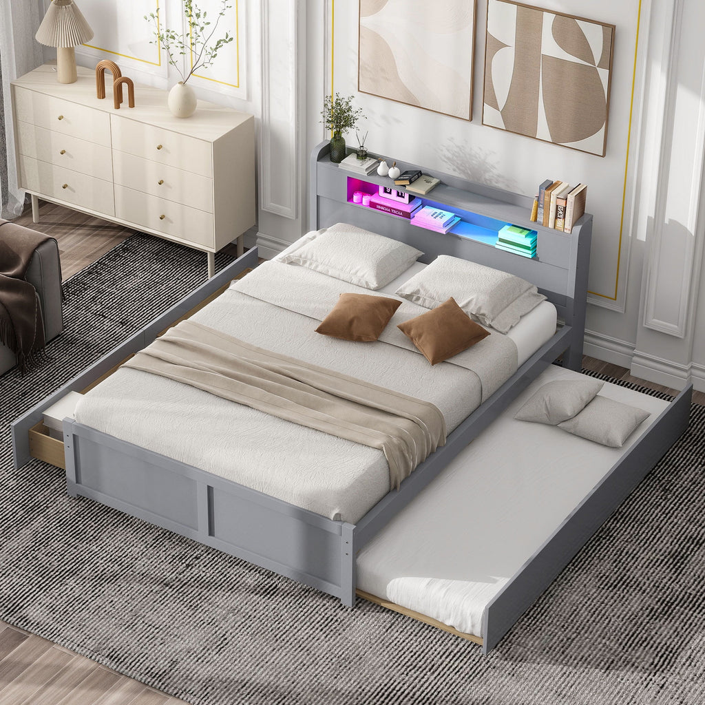 Queen Size White Wood Storage Platform Bed with 2 Drawers and Trundle L789197