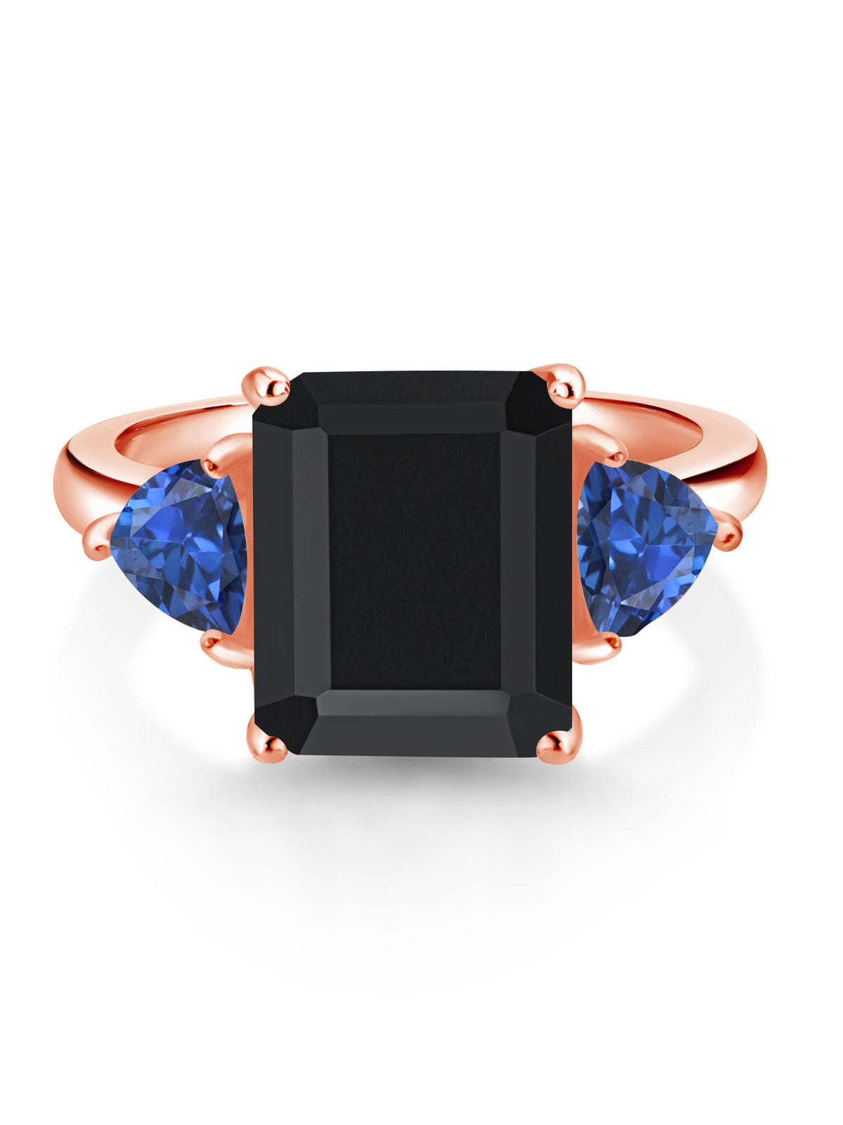 18K Rose Gold Plated Silver Black Onyx Blue Created Sapphire 3 Stone Ring D79232